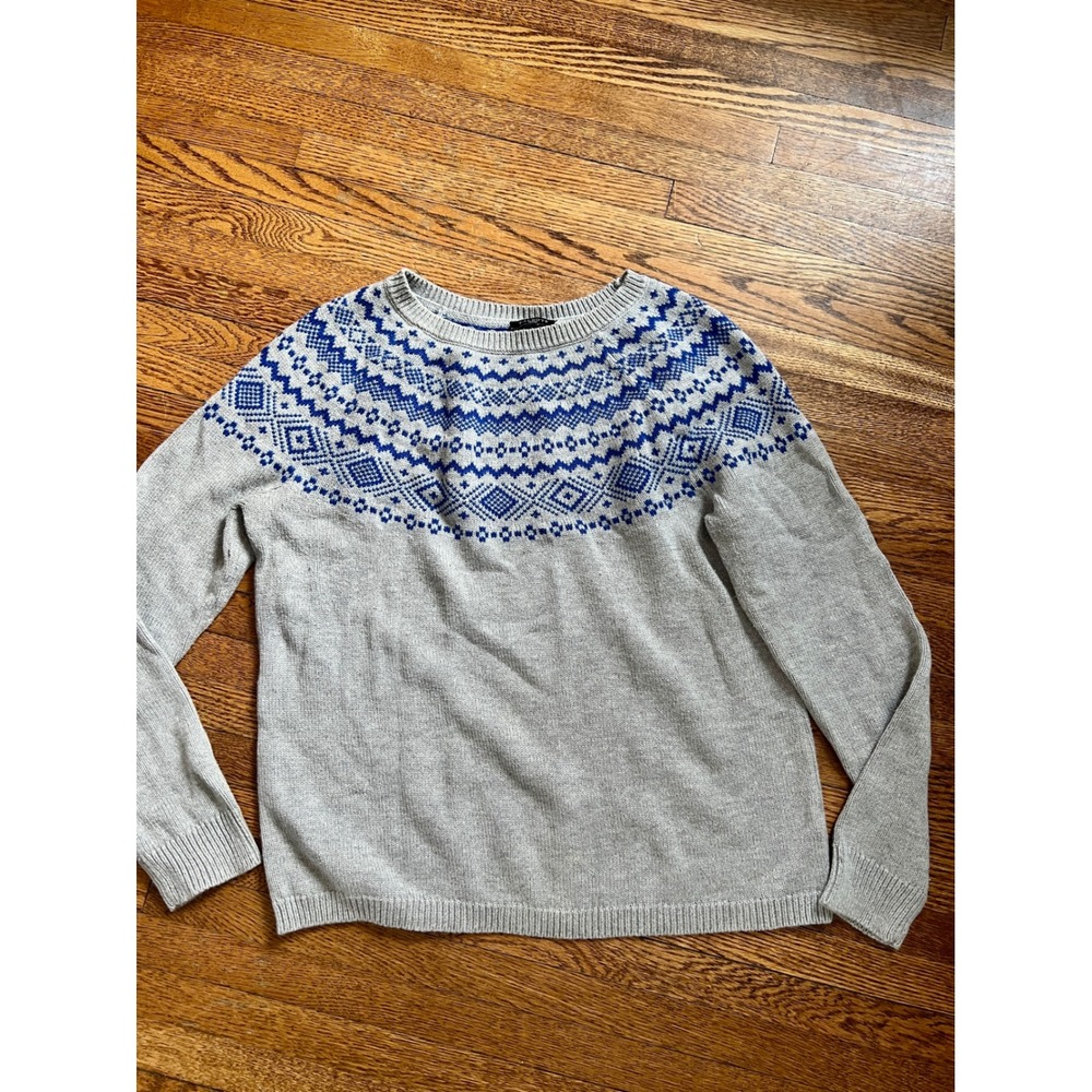 Talbots Petites Gray Blue Fair Isle Cotton Blend Crewneck Sweater MP
